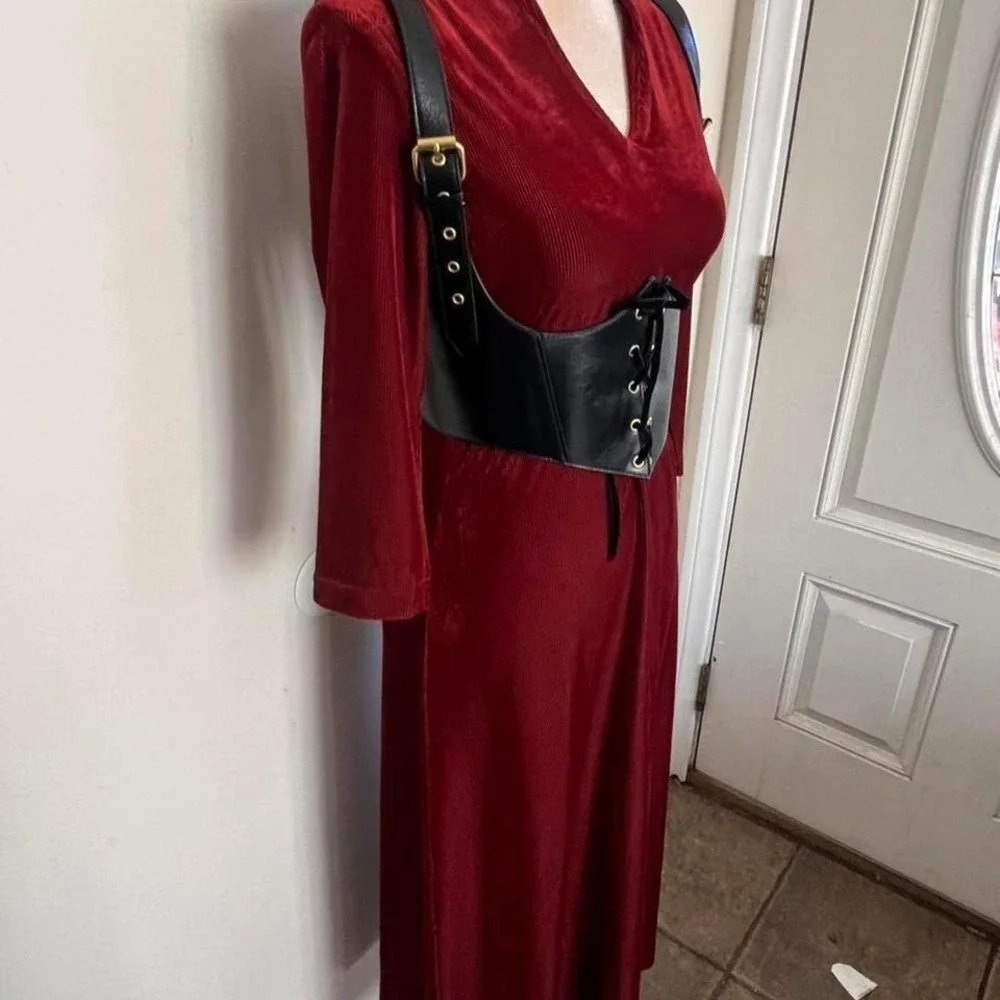 Coldwater Creek Burgundy Ribbed Velvet V-Neck Maxi‎ Dress PXS Red 3/4 Sleeve
